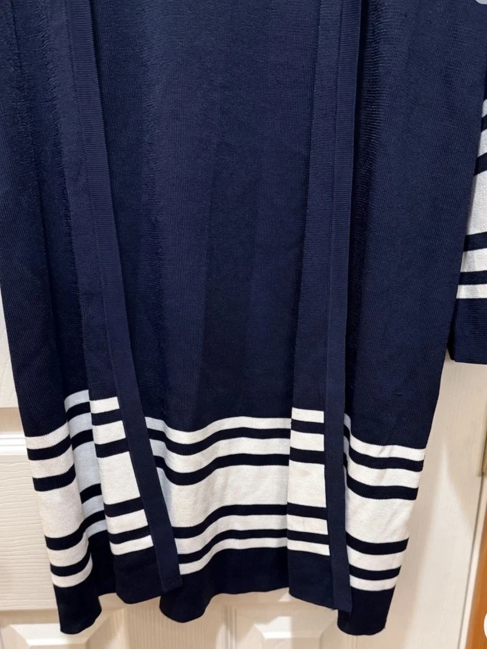 Lauren Ralph Lauren Open Cardigan Long SM Navy White Stripe Solid NWT MSRP $225 - Picture 6 of 15